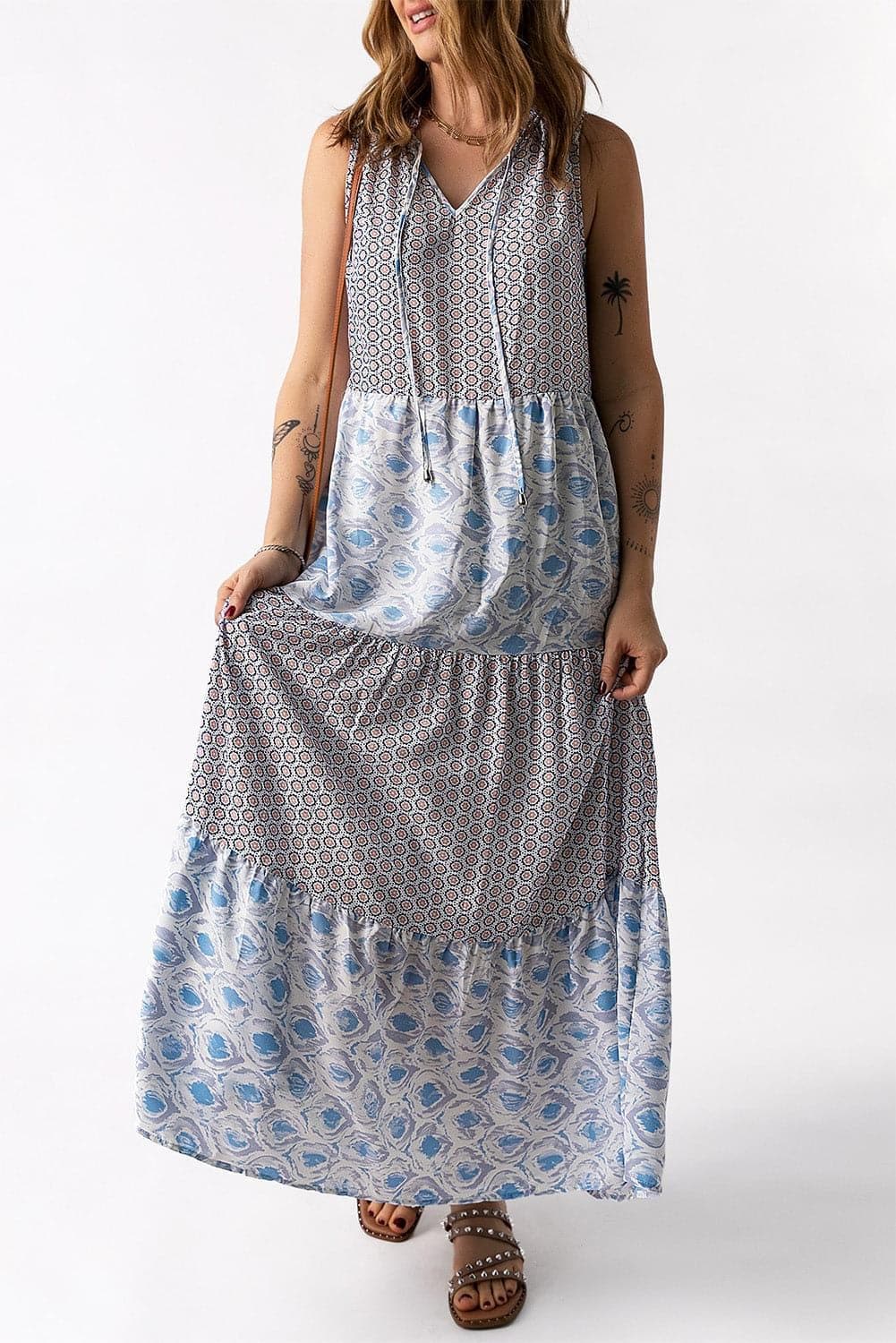 Mixed Print Tie-Neck Sleeveless Maxi Dress, Multiple Colors - SwagglyLife Home & Fashion
