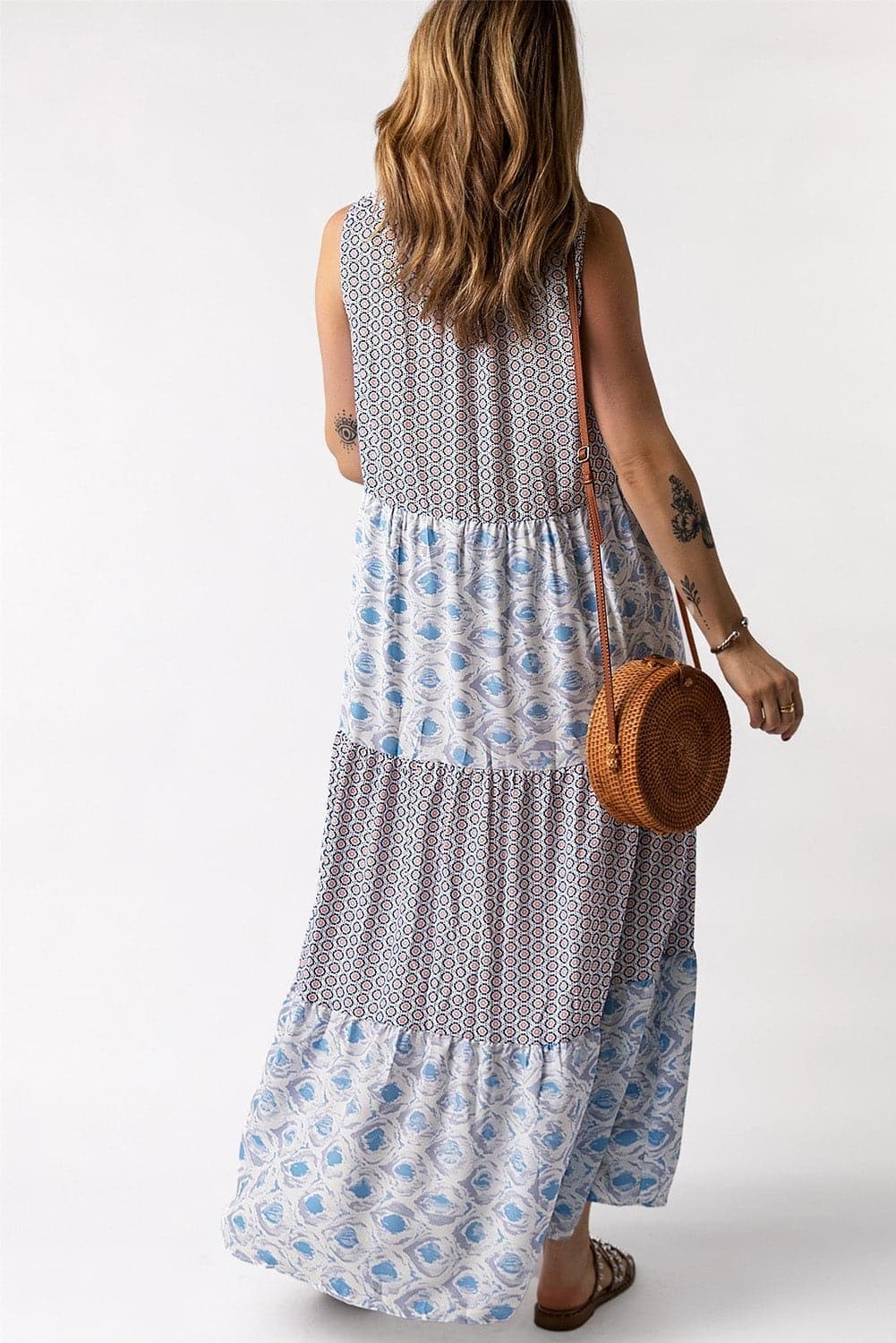 Mixed Print Tie-Neck Sleeveless Maxi Dress, Multiple Colors - SwagglyLife Home & Fashion