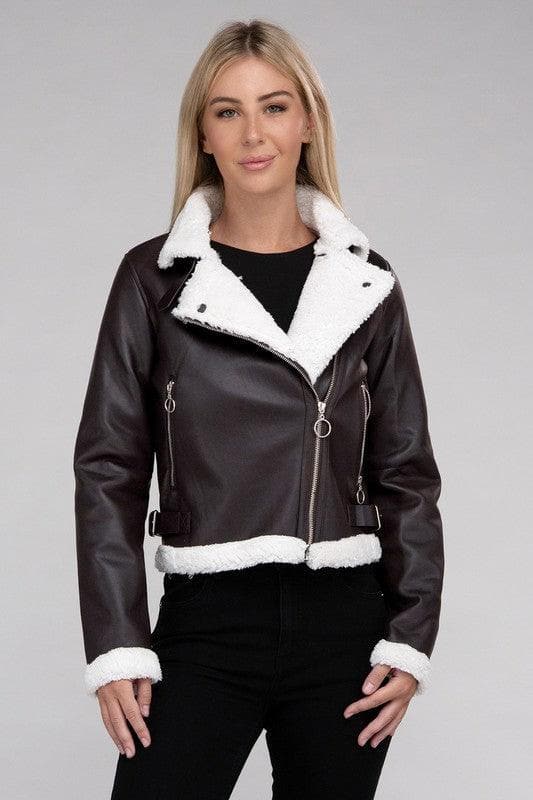 Plush Teddy Trimmed PU Jacket - SwagglyLife Home & Fashion