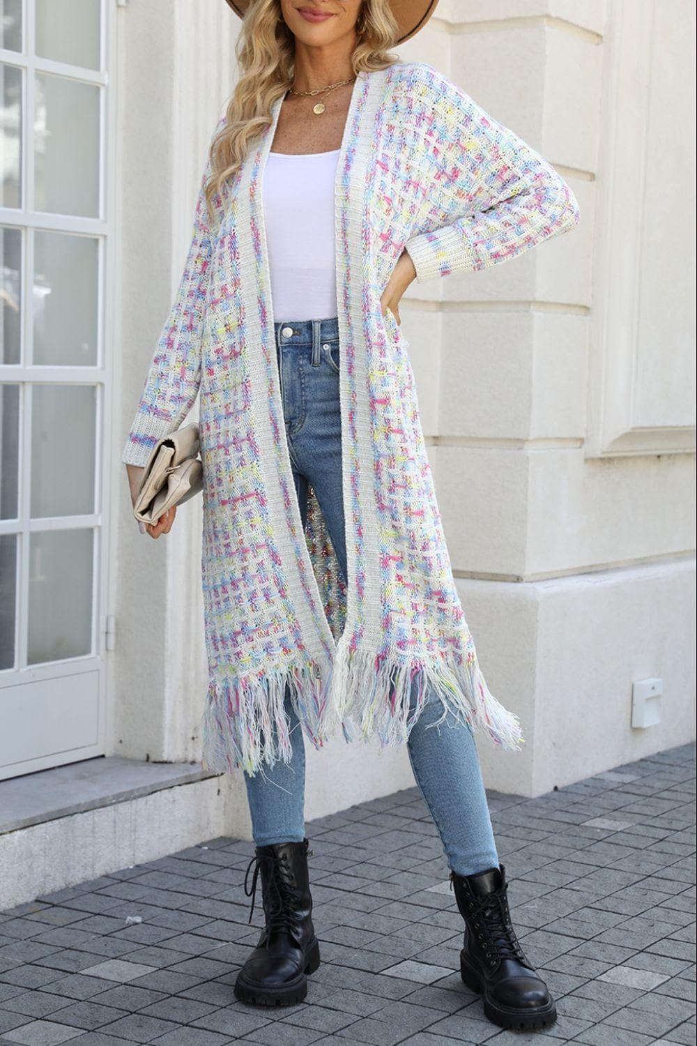 Multicolored Open Front Fringe Hem Cardigan - SwagglyLife Home & Fashion