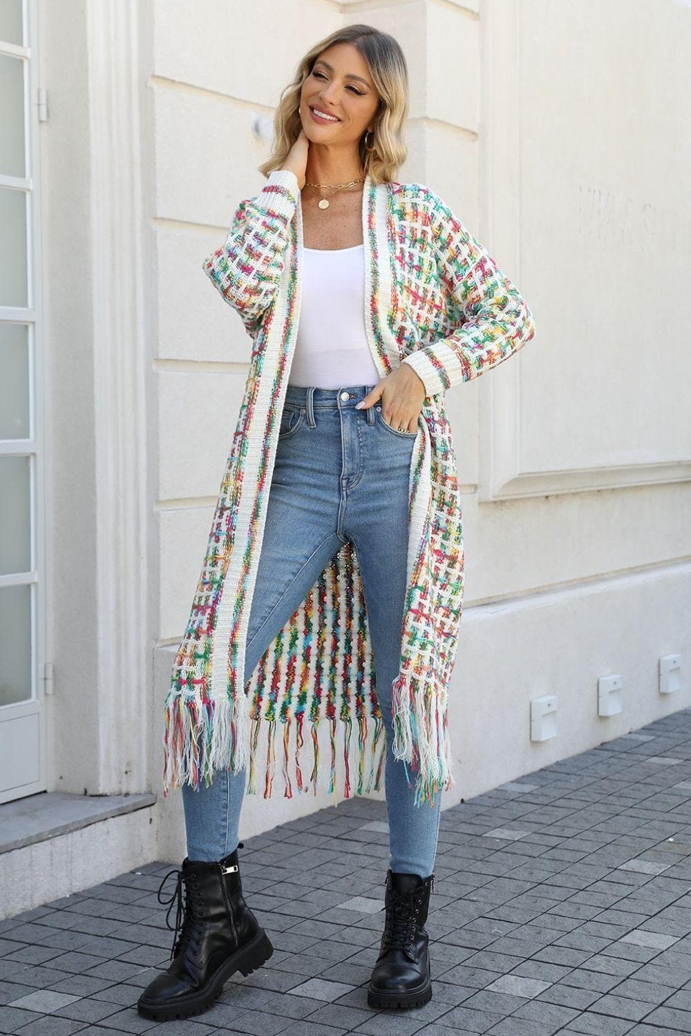 Multicolored Open Front Fringe Hem Cardigan - SwagglyLife Home & Fashion