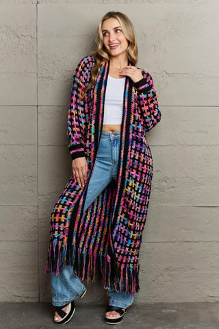 Multicolored Open Front Fringe Hem Cardigan - SwagglyLife Home & Fashion