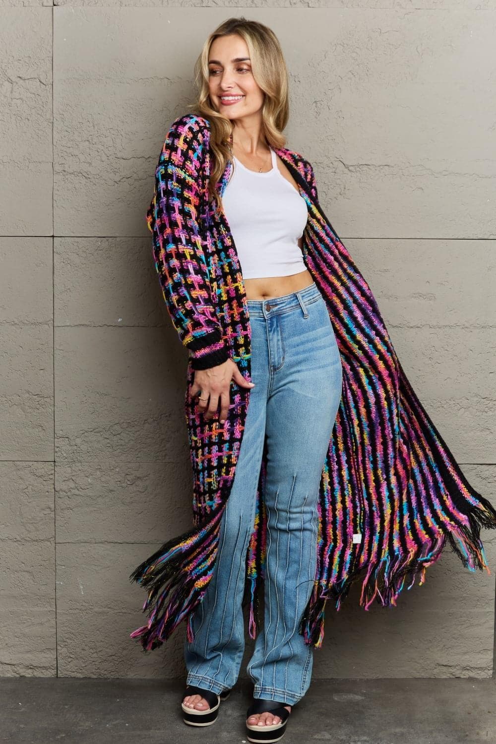 Multicolored Open Front Fringe Hem Cardigan - SwagglyLife Home & Fashion