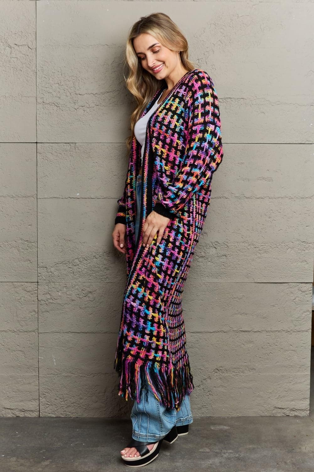 Multicolored Open Front Fringe Hem Cardigan - SwagglyLife Home & Fashion