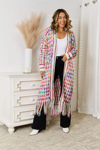 Multicolored Open Front Fringe Hem Cardigan - SwagglyLife Home & Fashion