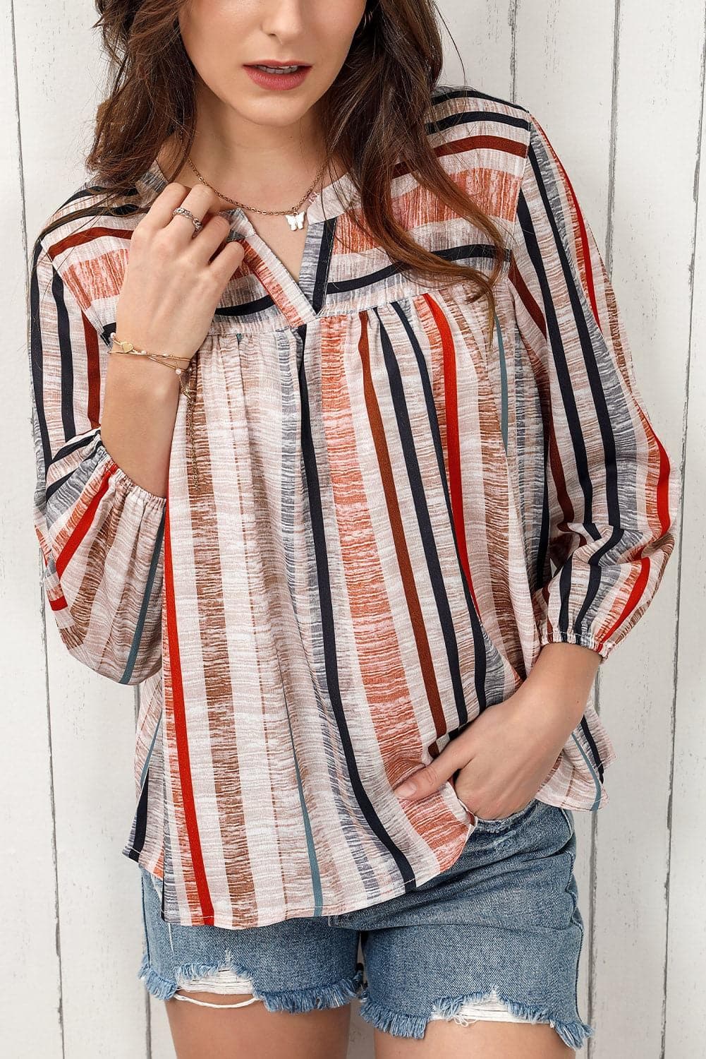 Multicolored Stripe Notched Neck Top - SwagglyLife Home & Fashion