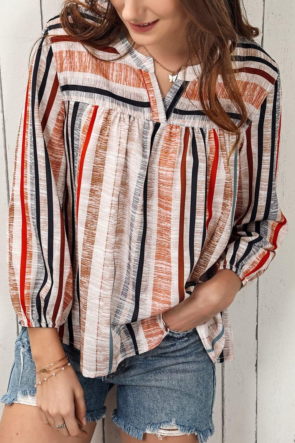 Multicolored Stripe Notched Neck Top - SwagglyLife Home & Fashion