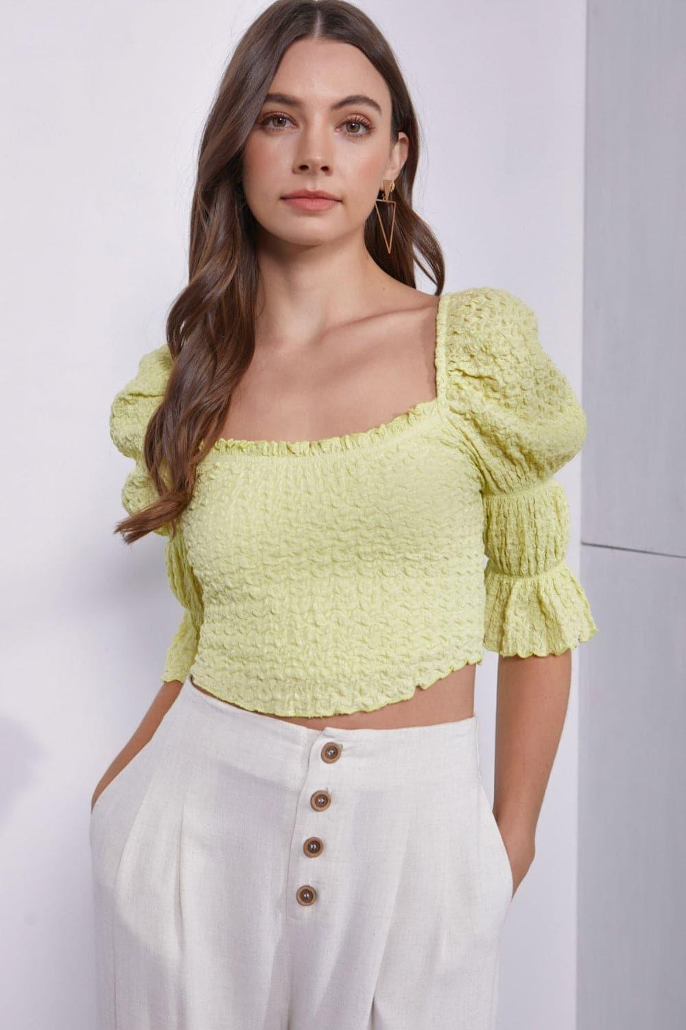 MUSTARD SEED Crinkle Texture Puff Sleeve Crop Top - SwagglyLife Home & Fashion