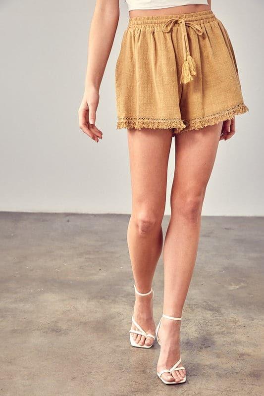 Mustard Seed Fringe Trim Hem Shorts - SwagglyLife Home & Fashion