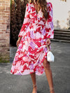 Nadia Printed V-Neck Long Sleeve Midi Dress - SwagglyLife Home & Fashion