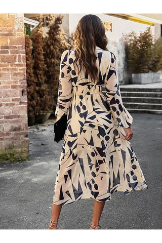 Nadia Printed V-Neck Long Sleeve Midi Dress - SwagglyLife Home & Fashion