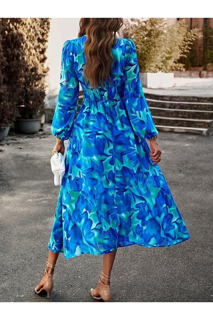 Nadia Printed V-Neck Long Sleeve Midi Dress - SwagglyLife Home & Fashion