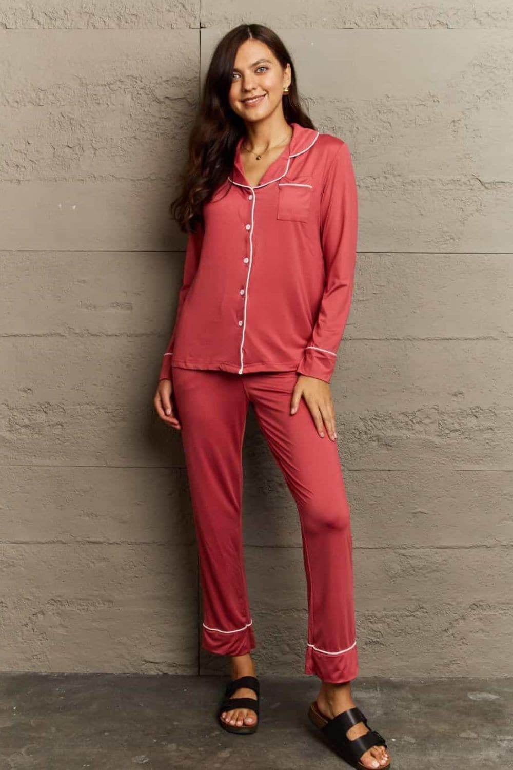 Ninexis Buttoned Collared Neck Top and Pants Pajama Set, 2 Colors - SwagglyLife Home & Fashion