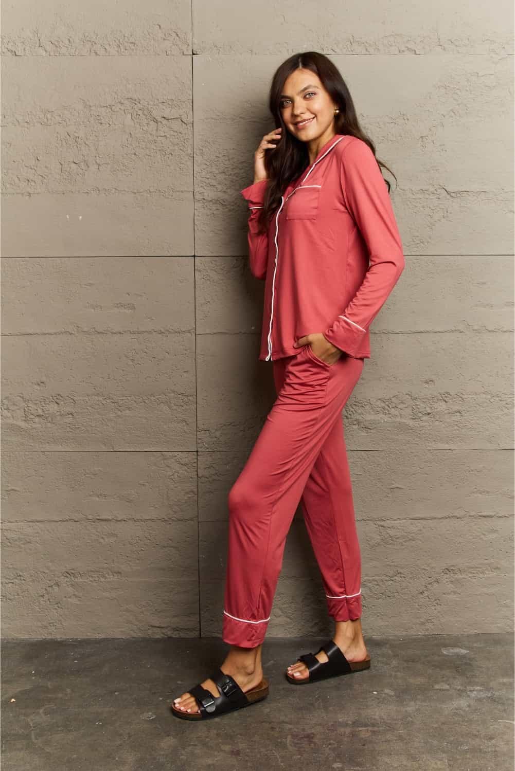 Ninexis Buttoned Collared Neck Top and Pants Pajama Set, 2 Colors - SwagglyLife Home & Fashion