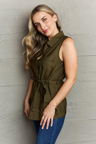 Ninexis Follow The Light Sleeveless Collared Button Down Top - SwagglyLife Home & Fashion