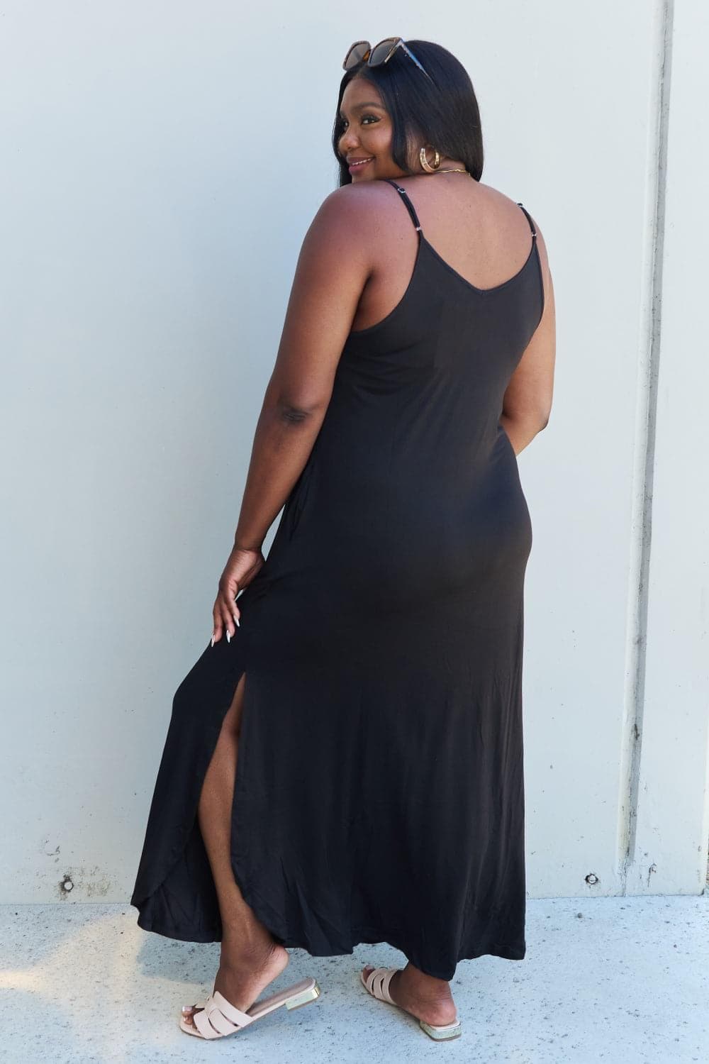 Ninexis Good Energy Full Size Cami Side Slit Maxi Dress in Black - SwagglyLife Home & Fashion