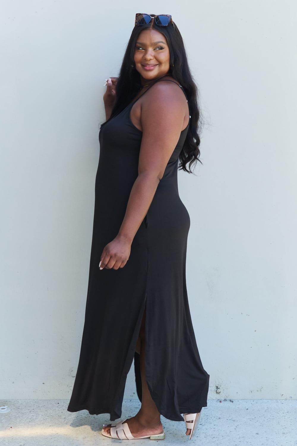 Ninexis Good Energy Full Size Cami Side Slit Maxi Dress in Black - SwagglyLife Home & Fashion