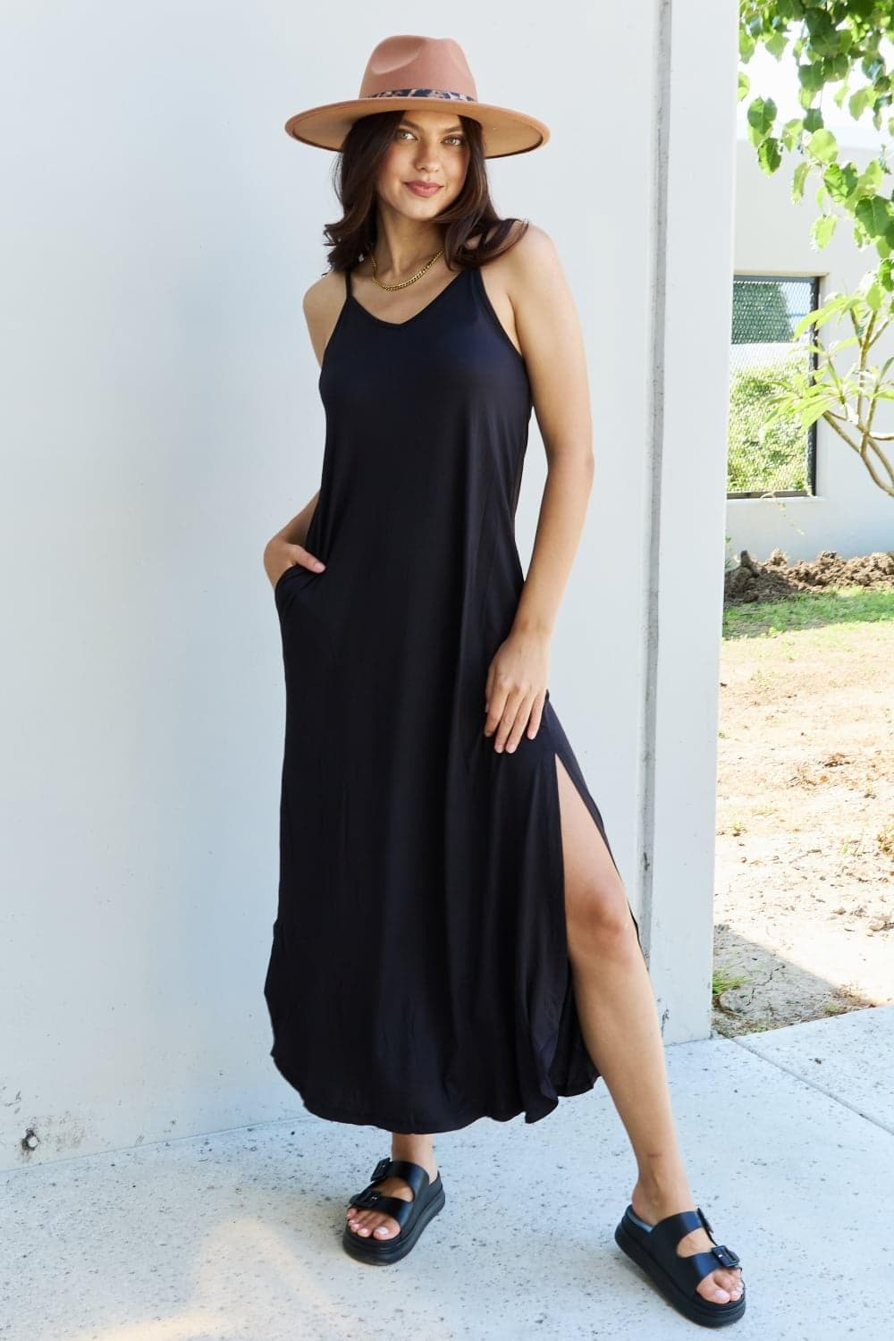 Ninexis Good Energy Full Size Cami Side Slit Maxi Dress in Black - SwagglyLife Home & Fashion