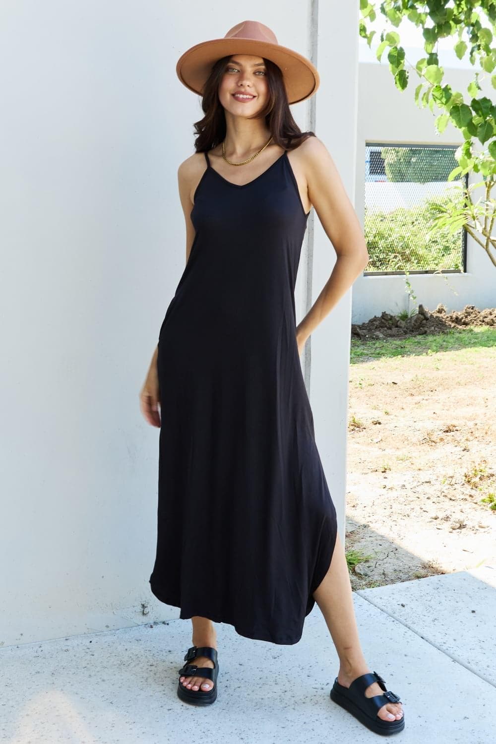 Ninexis Good Energy Full Size Cami Side Slit Maxi Dress in Black - SwagglyLife Home & Fashion