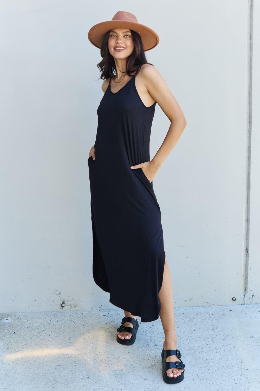 Ninexis Good Energy Full Size Cami Side Slit Maxi Dress in Black - SwagglyLife Home & Fashion