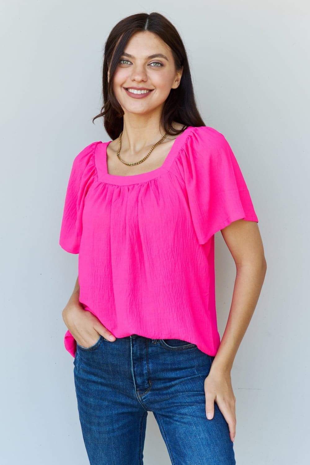 Ninexis Keep Me Close Square Neck Short Sleeve Blouse in Fuchsia - SwagglyLife Home & Fashion