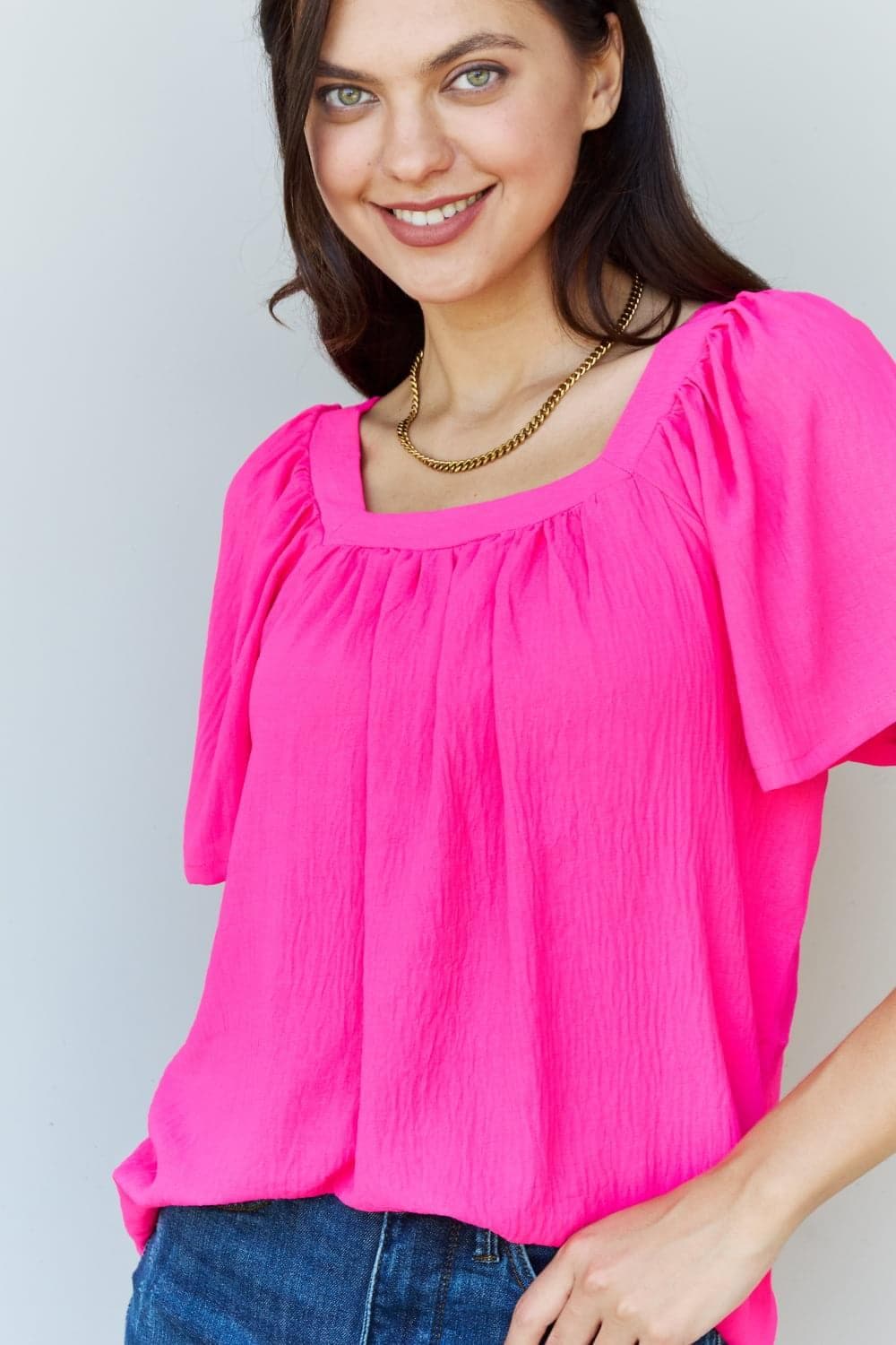 Ninexis Keep Me Close Square Neck Short Sleeve Blouse in Fuchsia - SwagglyLife Home & Fashion