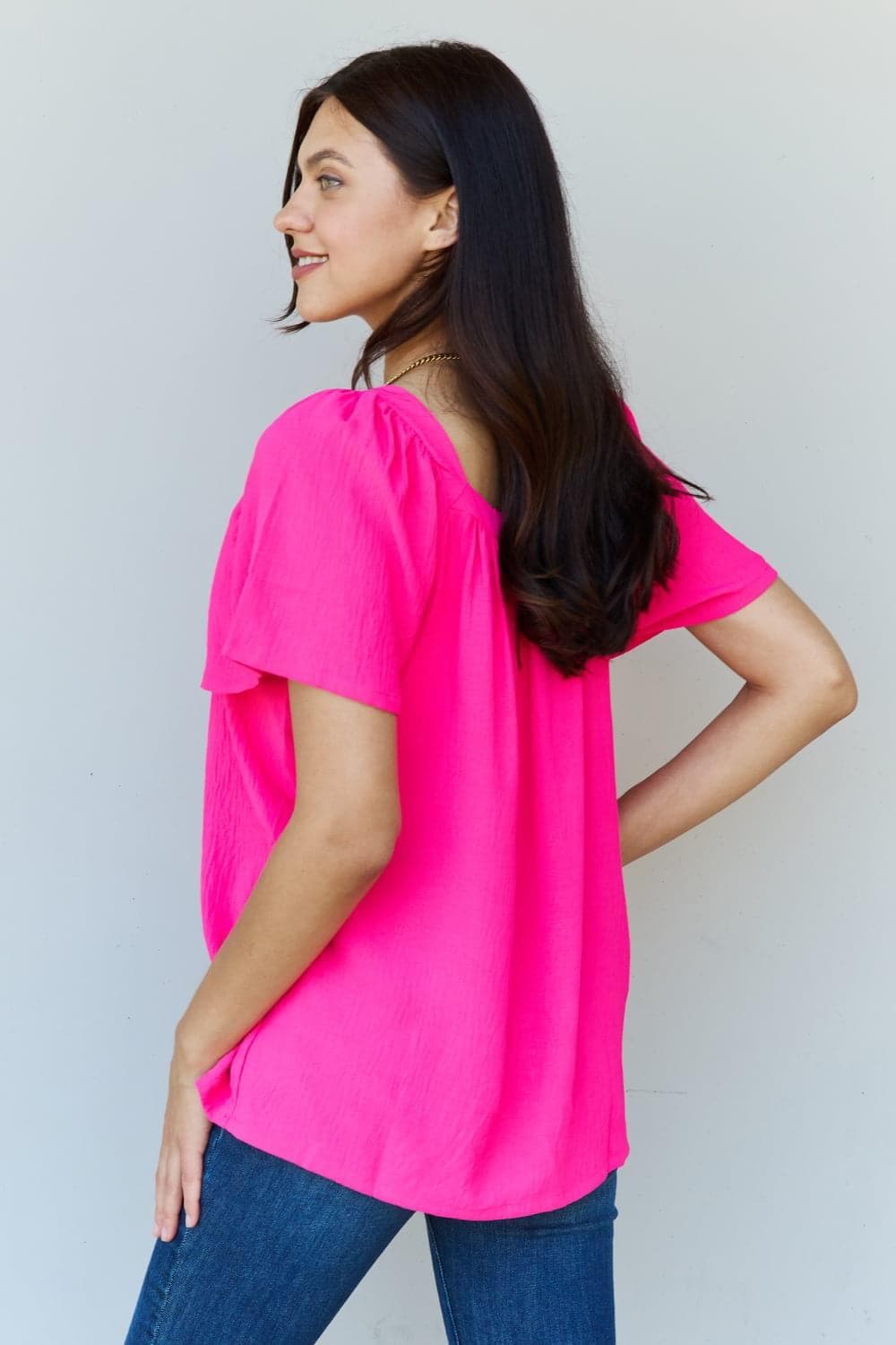 Ninexis Keep Me Close Square Neck Short Sleeve Blouse in Fuchsia - SwagglyLife Home & Fashion