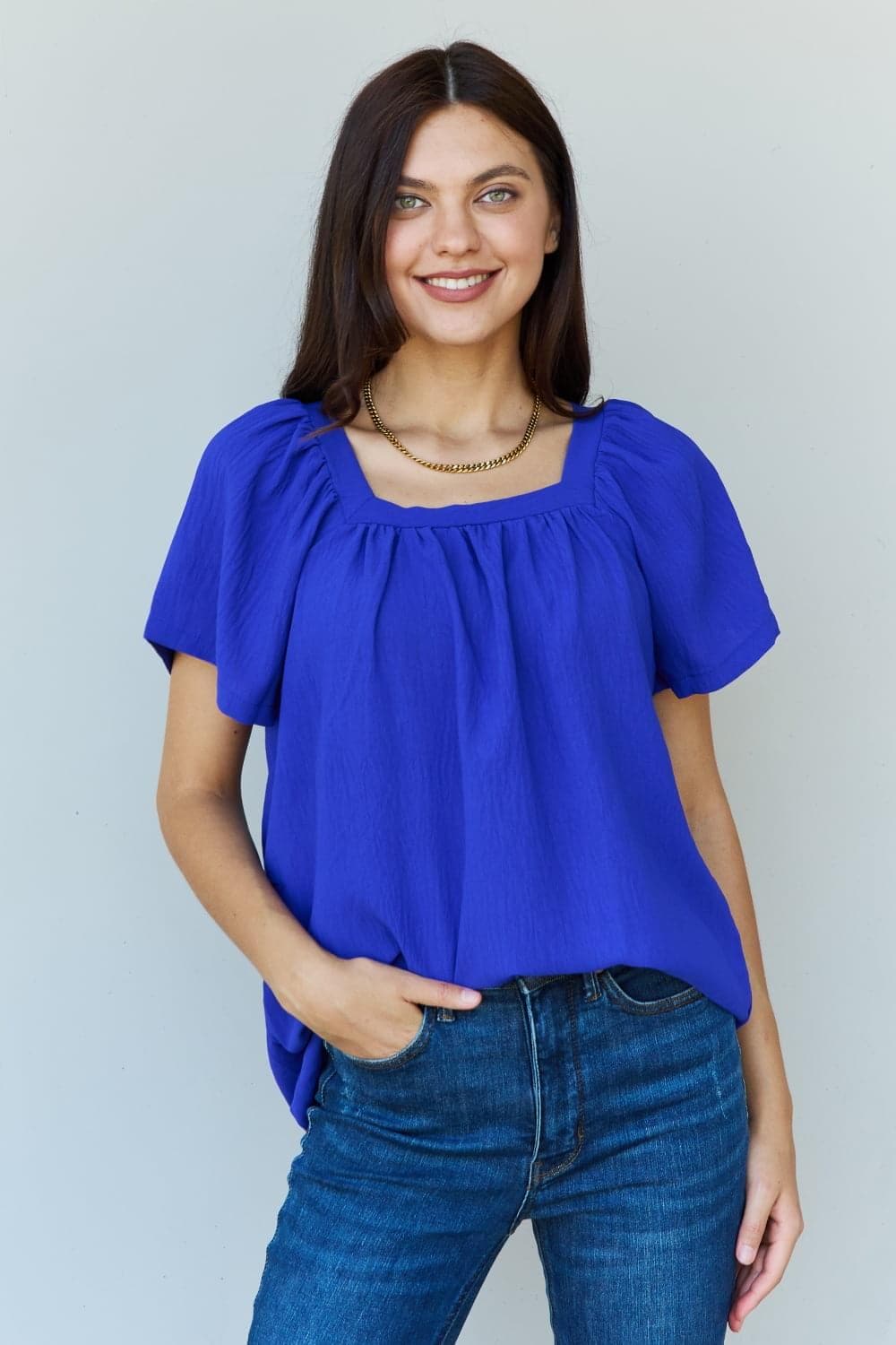 Ninexis Keep Me Close Square Neck Short Sleeve Blouse in Royal - SwagglyLife Home & Fashion