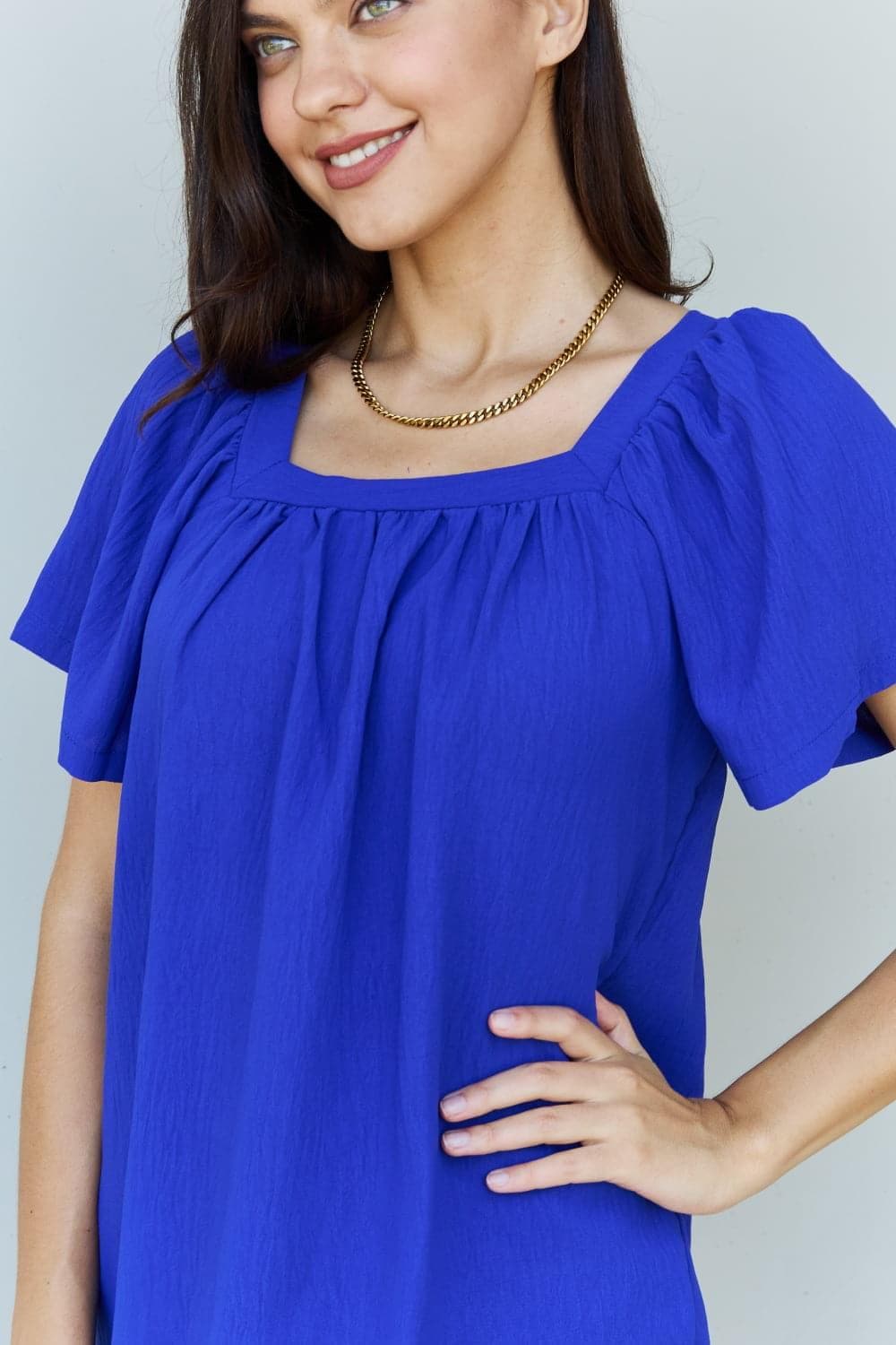 Ninexis Keep Me Close Square Neck Short Sleeve Blouse in Royal - SwagglyLife Home & Fashion
