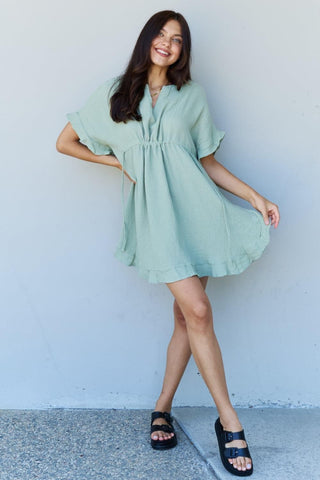 Ninexis Out Of Time Full Size Ruffle Hem Dress with Drawstring Waistband in Light Sage - SwagglyLife Home & Fashion