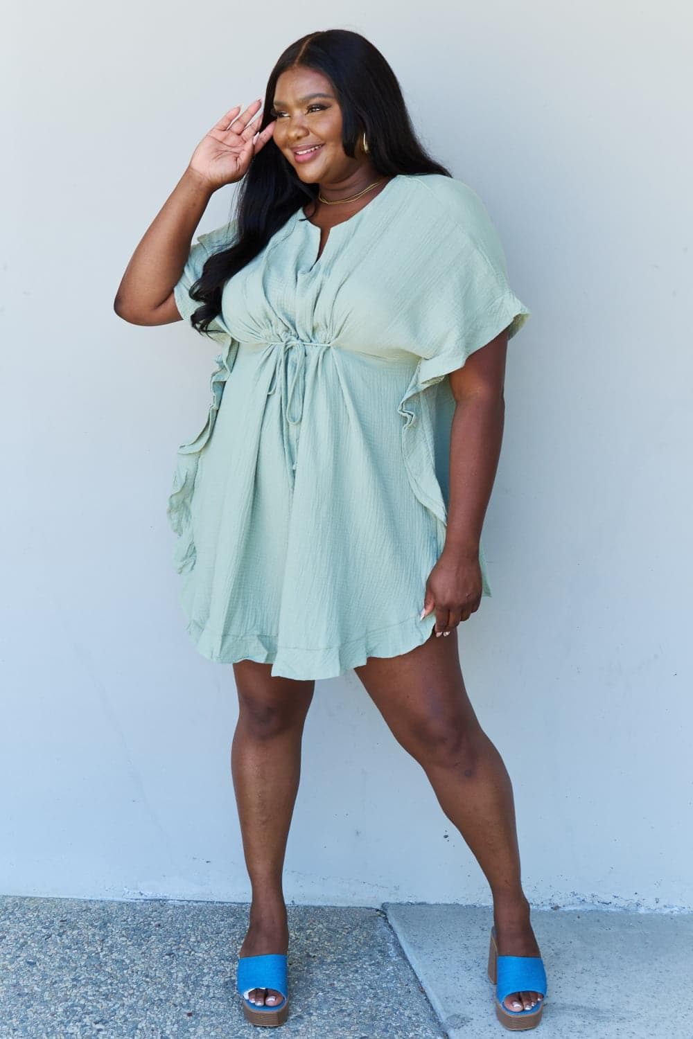 Ninexis Out Of Time Full Size Ruffle Hem Dress with Drawstring Waistband in Light Sage - SwagglyLife Home & Fashion