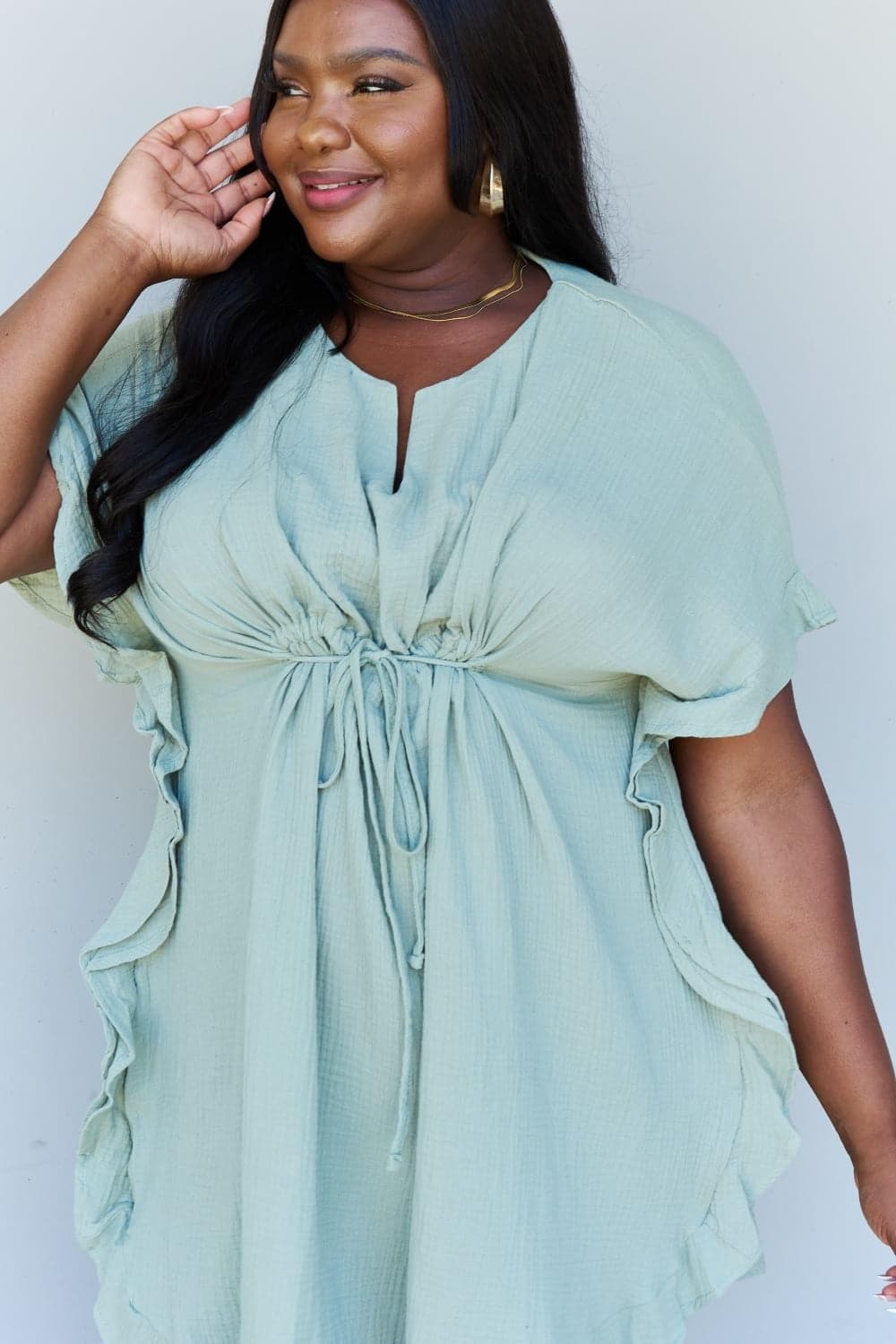 Ninexis Out Of Time Full Size Ruffle Hem Dress with Drawstring Waistband in Light Sage - SwagglyLife Home & Fashion