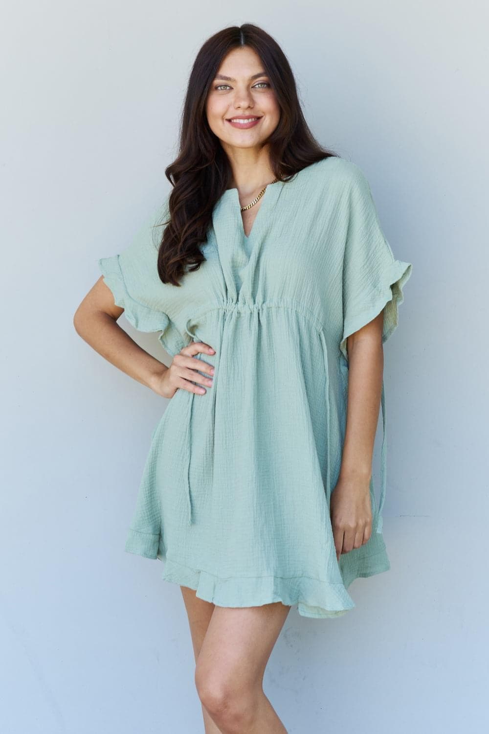 Ninexis Out Of Time Full Size Ruffle Hem Dress with Drawstring Waistband in Light Sage - SwagglyLife Home & Fashion