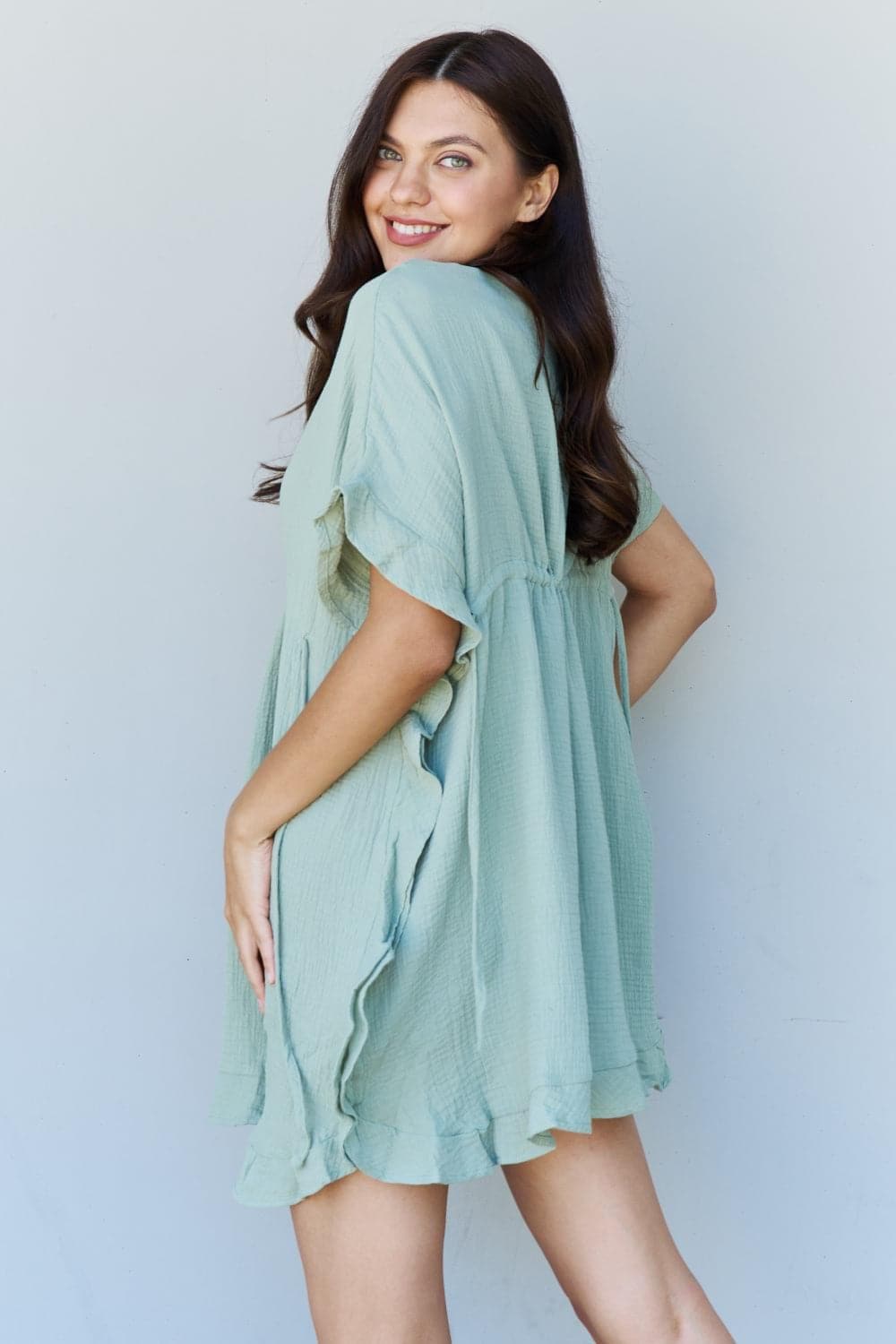 Ninexis Out Of Time Full Size Ruffle Hem Dress with Drawstring Waistband in Light Sage - SwagglyLife Home & Fashion