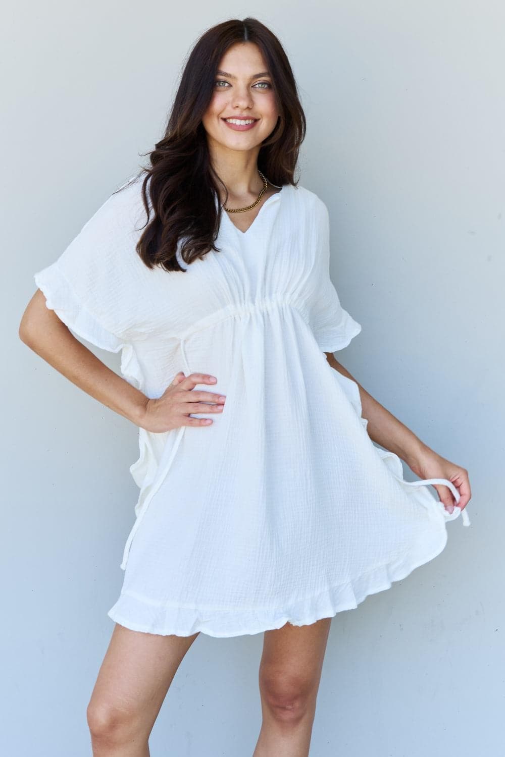 Ninexis Out Of Time Full Size Ruffle Hem Dress with Drawstring Waistband, White - SwagglyLife Home & Fashion