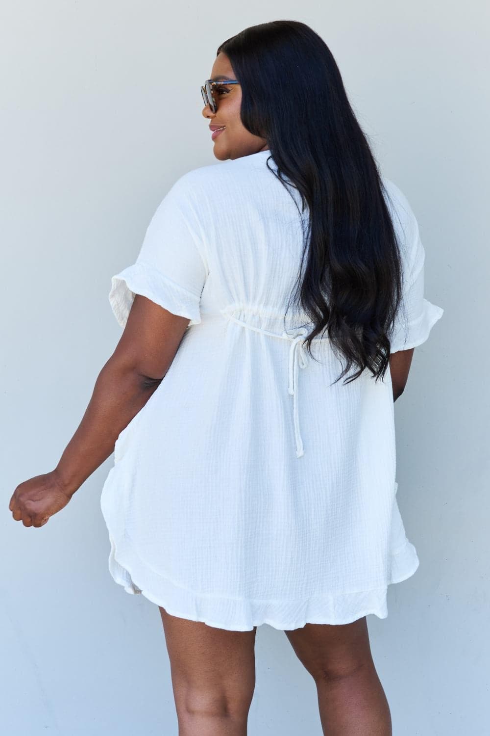 Ninexis Out Of Time Full Size Ruffle Hem Dress with Drawstring Waistband, White - SwagglyLife Home & Fashion