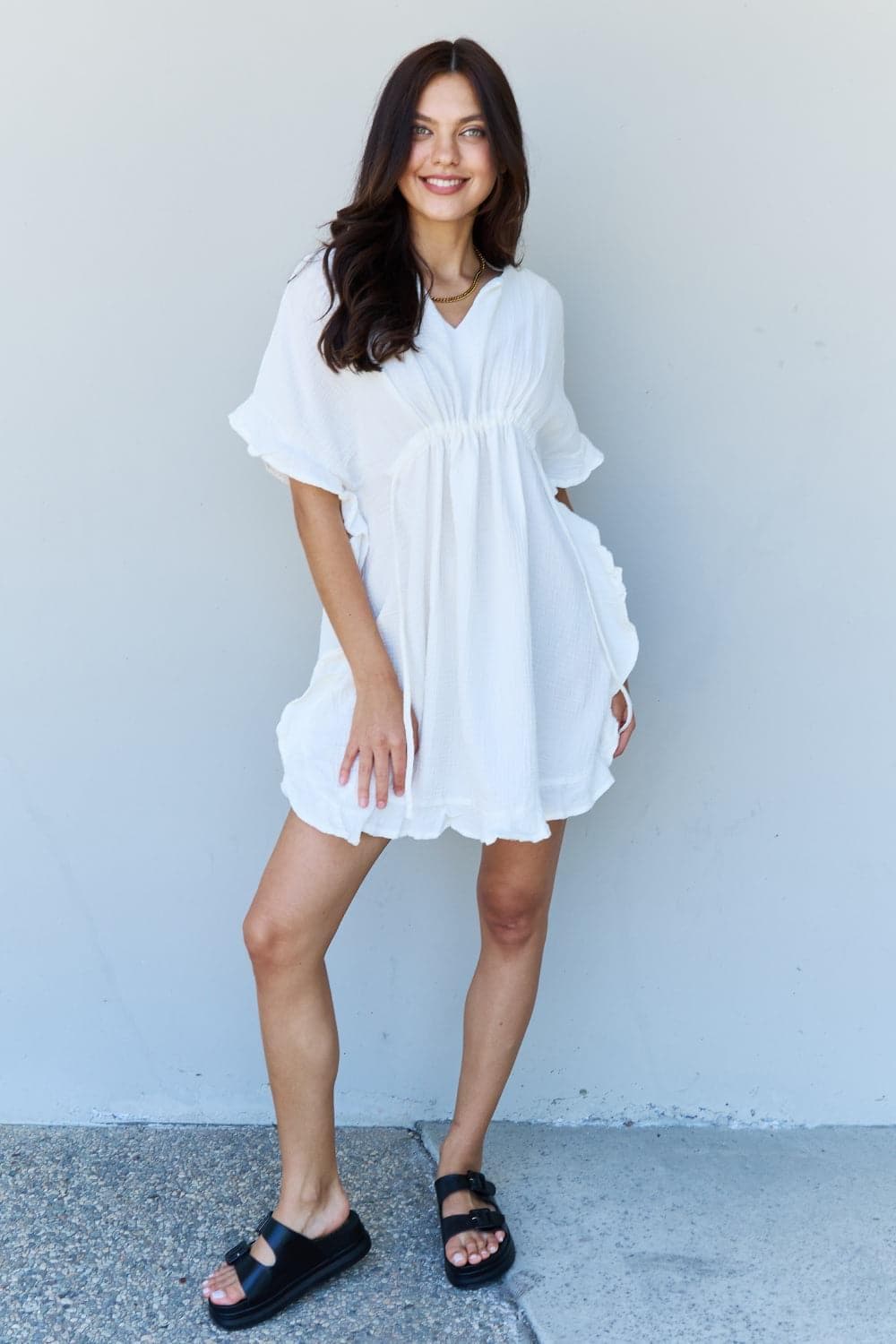 Ninexis Out Of Time Full Size Ruffle Hem Dress with Drawstring Waistband, White - SwagglyLife Home & Fashion