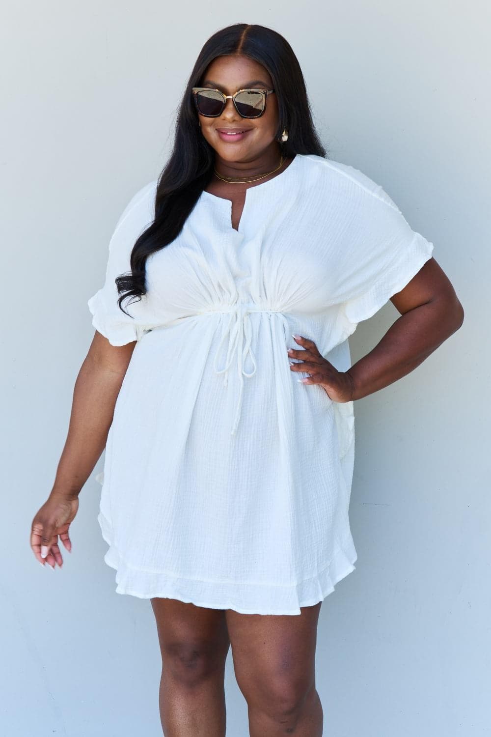 Ninexis Out Of Time Full Size Ruffle Hem Dress with Drawstring Waistband, White - SwagglyLife Home & Fashion