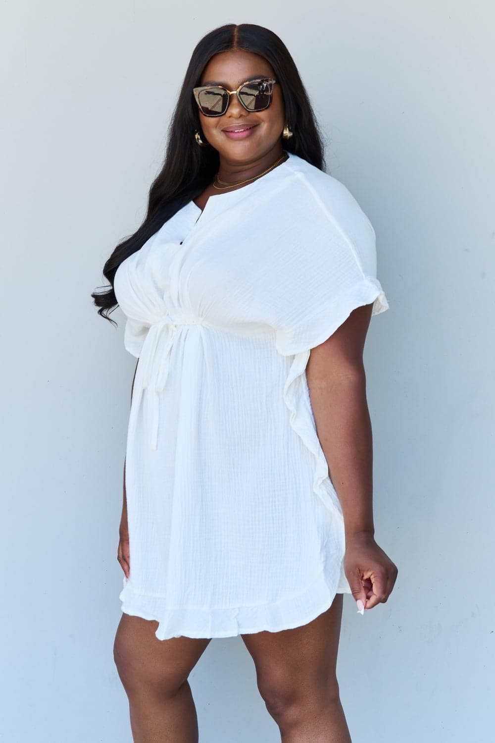 Ninexis Out Of Time Full Size Ruffle Hem Dress with Drawstring Waistband, White - SwagglyLife Home & Fashion