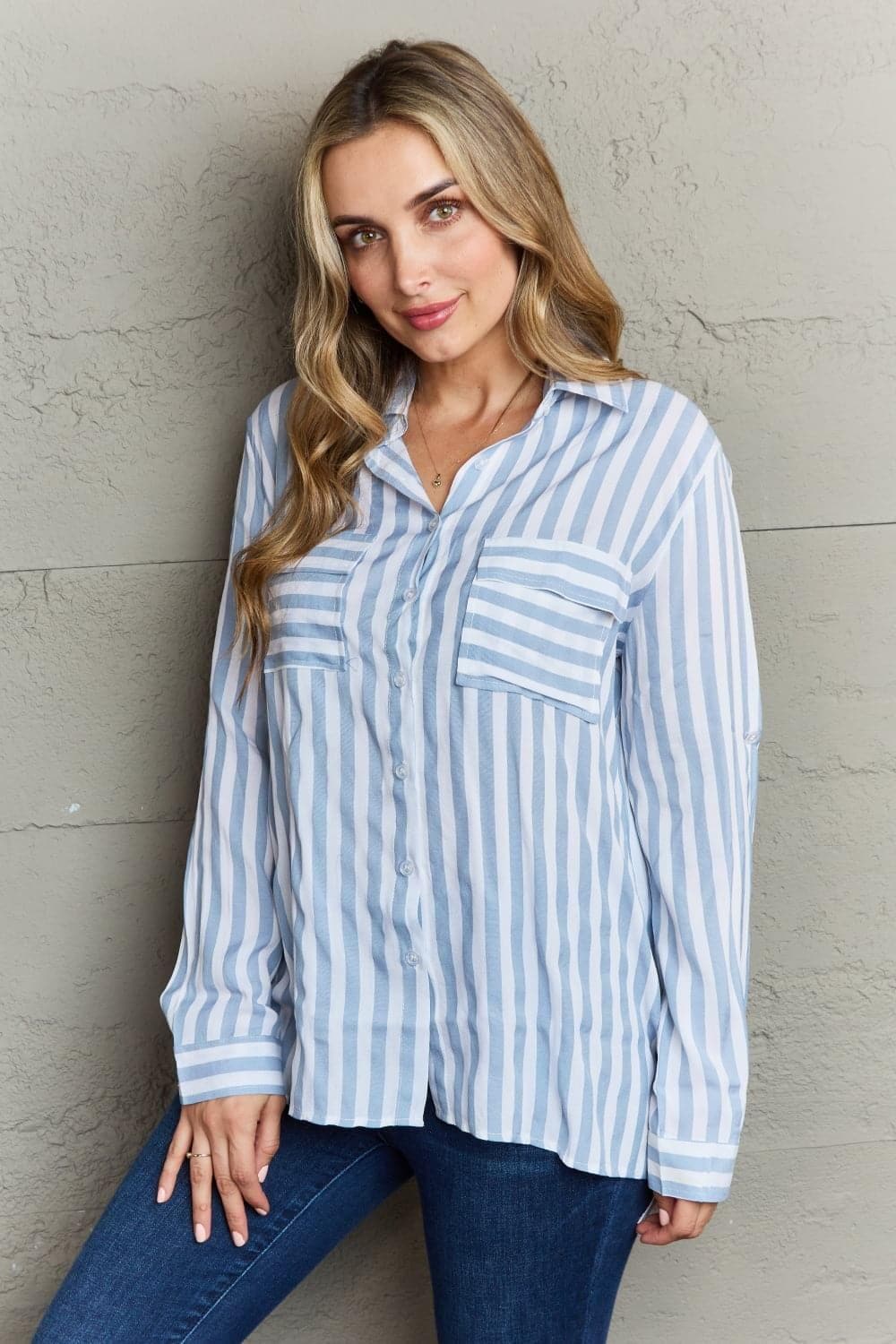 Ninexis Take Your Time Collared Button Down Striped Shirt - SwagglyLife Home & Fashion