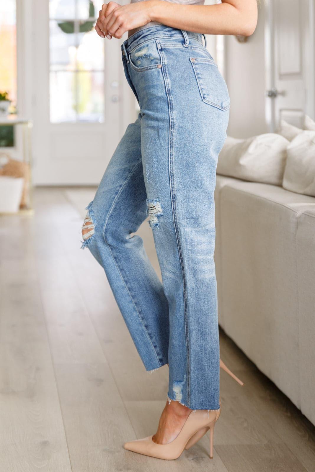 Nora High Rise Rigid Magic Destroy Slim Straight Jeans - SwagglyLife Home & Fashion