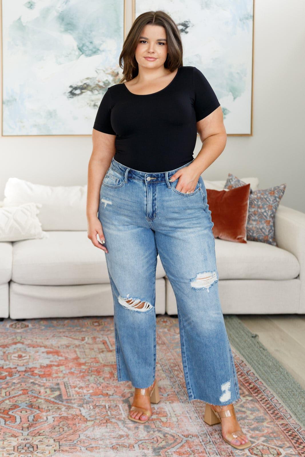 Nora High Rise Rigid Magic Destroy Slim Straight Jeans - SwagglyLife Home & Fashion