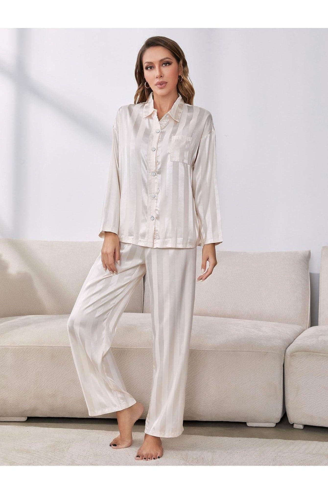 Contrast Stripe Button-Up Shirt & Pants 2-Piece Pajama Set - SwagglyLife Home & Fashion