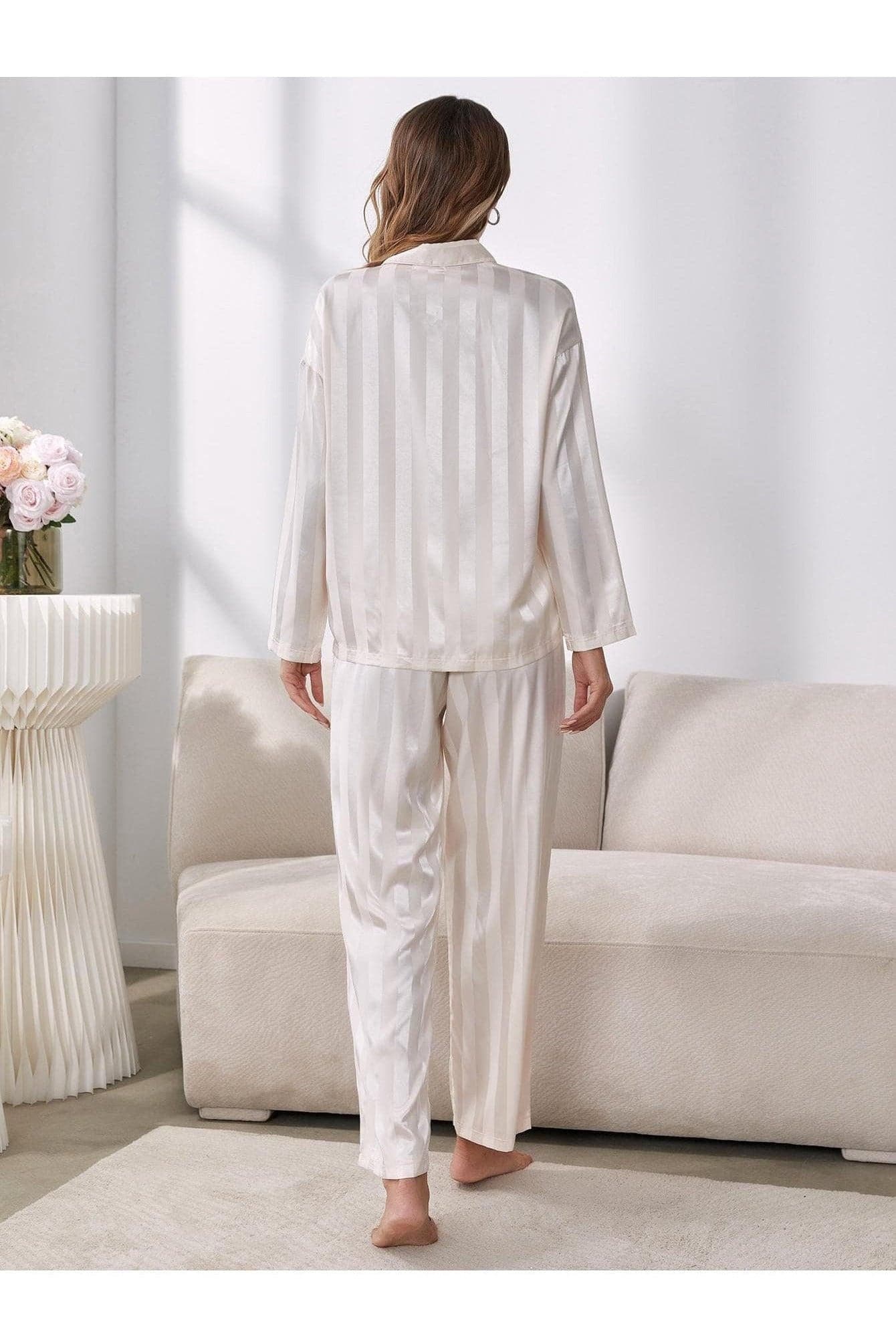 Contrast Stripe Button-Up Shirt & Pants 2-Piece Pajama Set - SwagglyLife Home & Fashion