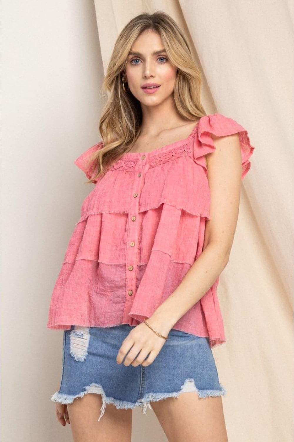 ODDI Buttoned Ruffled Top - SwagglyLife Home & Fashion