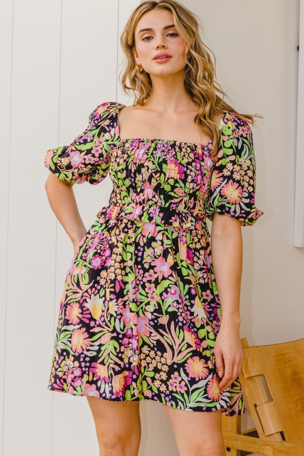 ODDI Full Size Floral Tie-Back Mini Dress - SwagglyLife Home & Fashion