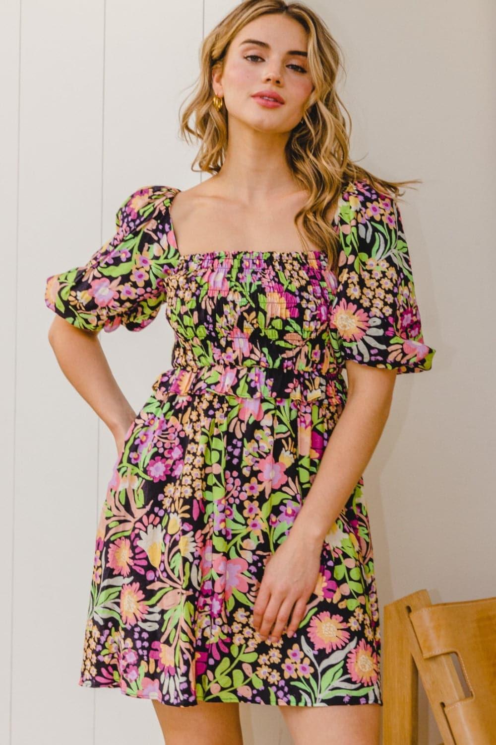 ODDI Full Size Floral Tie-Back Mini Dress - SwagglyLife Home & Fashion
