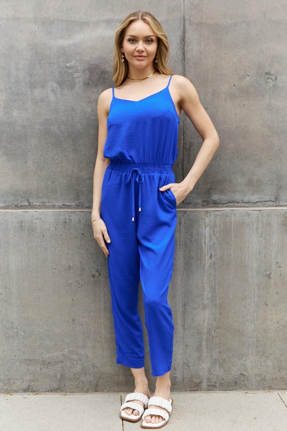 ODDI Full Size Textured Woven Jumpsuit in Royal Blue - SwagglyLife Home & Fashion