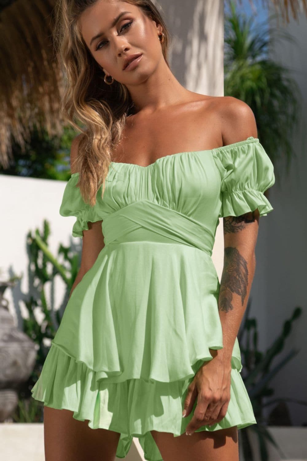 Off Shoulder Flounce Sleeve Romper, 9 Colors - SwagglyLife Home & Fashion