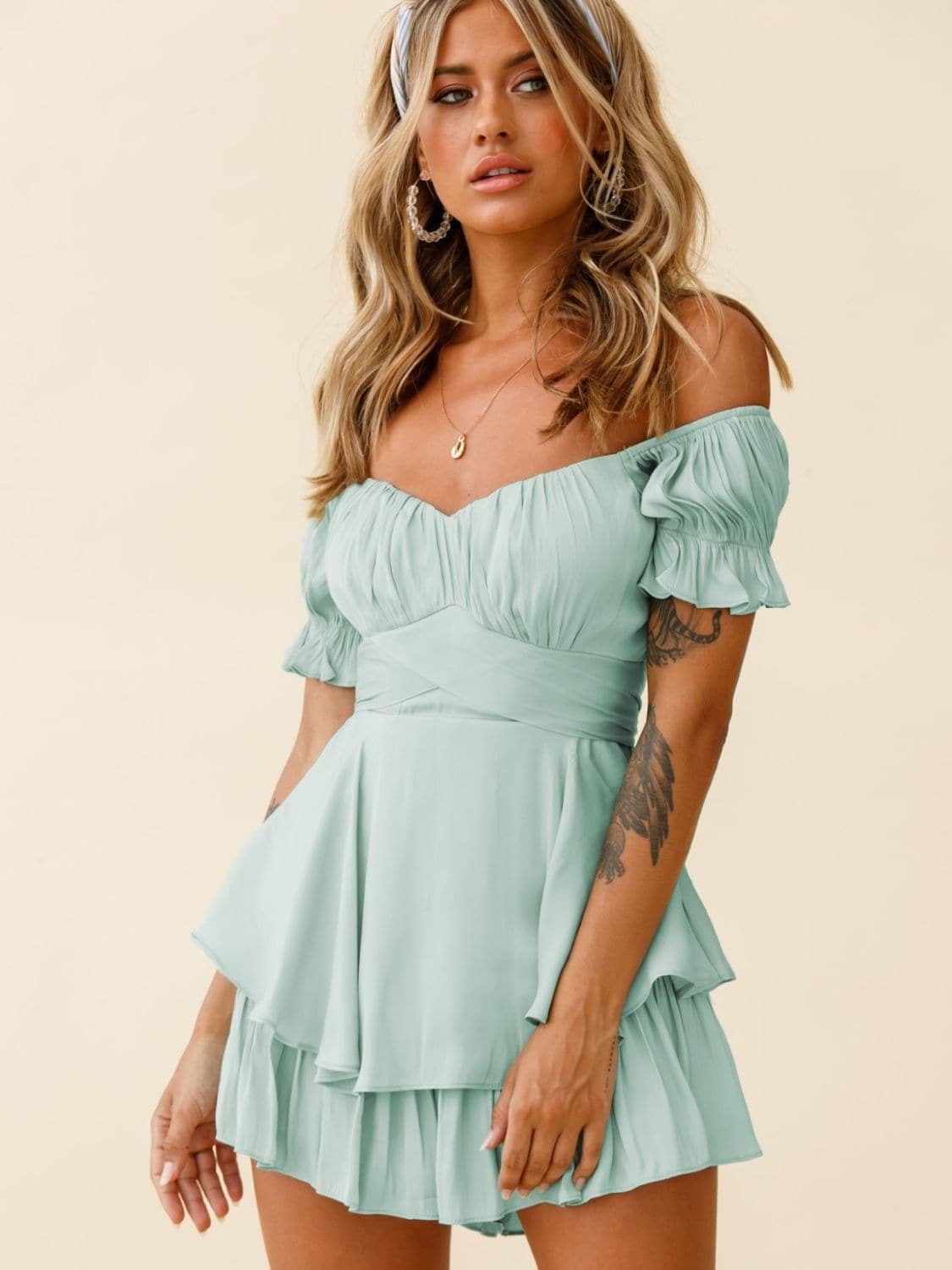 Off Shoulder Flounce Sleeve Romper, 9 Colors - SwagglyLife Home & Fashion